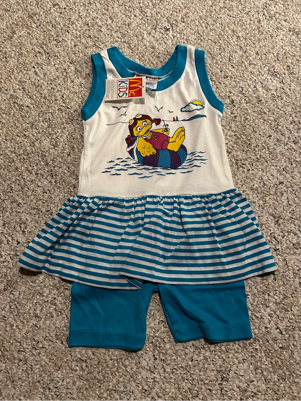 New Vintage McKids Birdie Blue & White Striped Tank Dress McDonalds - Size 6 NWT